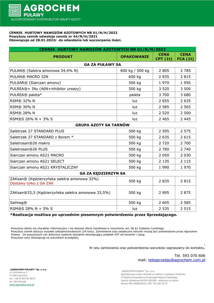 azotowy agrochem cennik 28 01 22 cenyrolnicze pl
